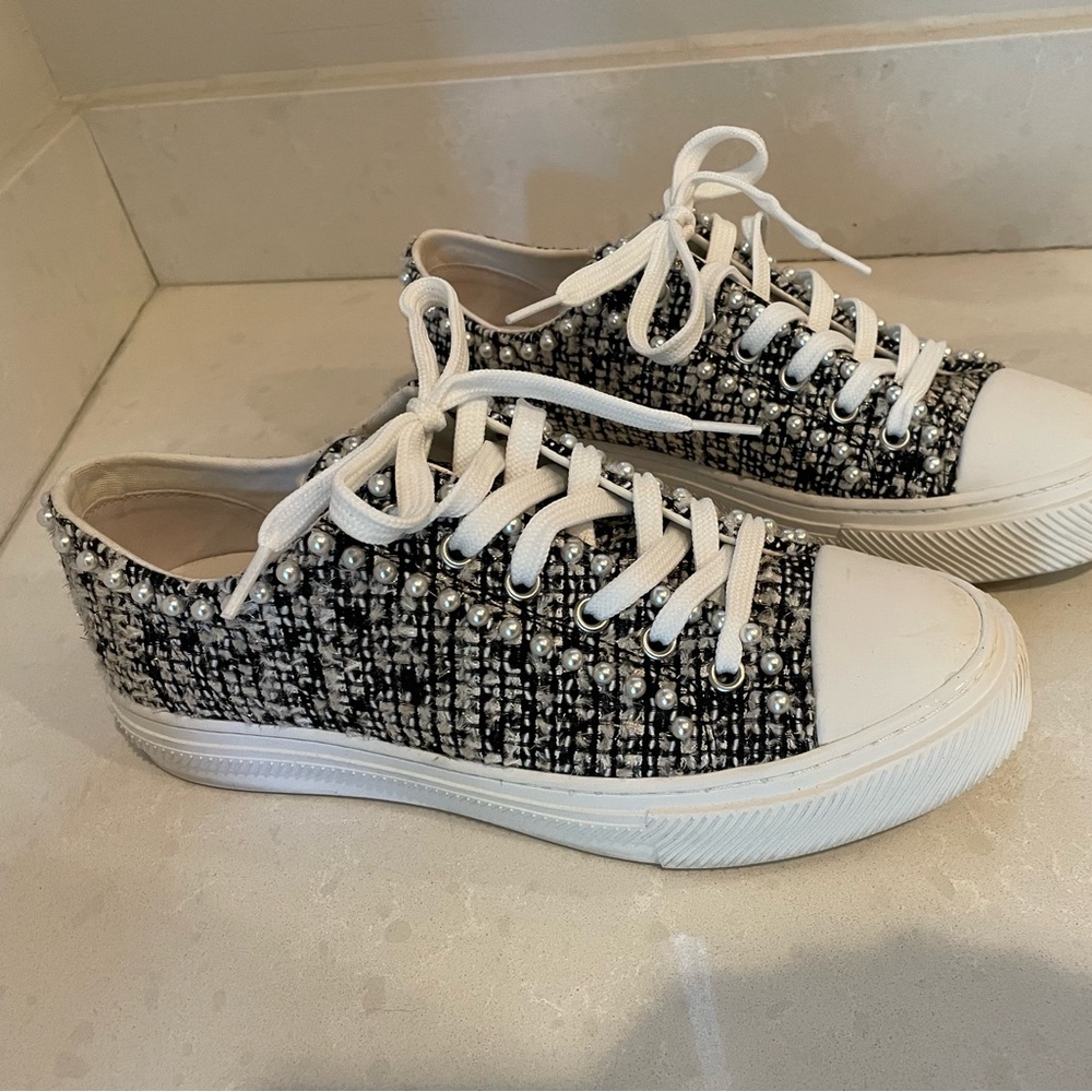 Stuart Weitzman tweed and pearl sneakers